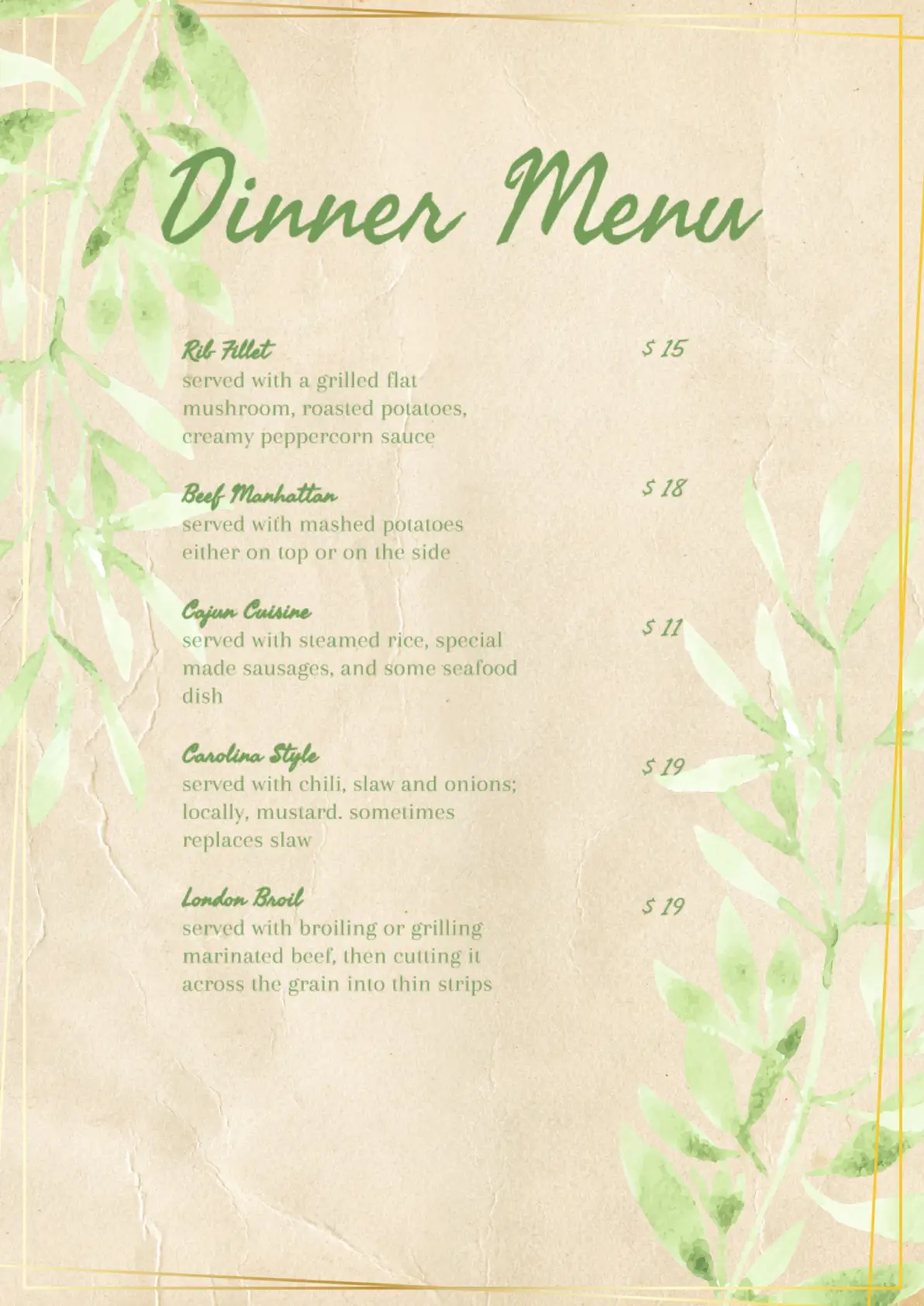 Menu Dinner Template for Google Docs