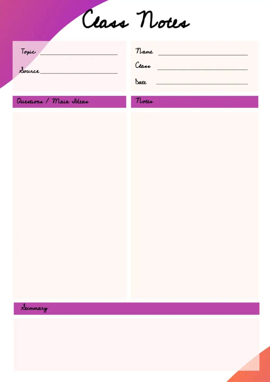 Class Notes Template for Google Docs