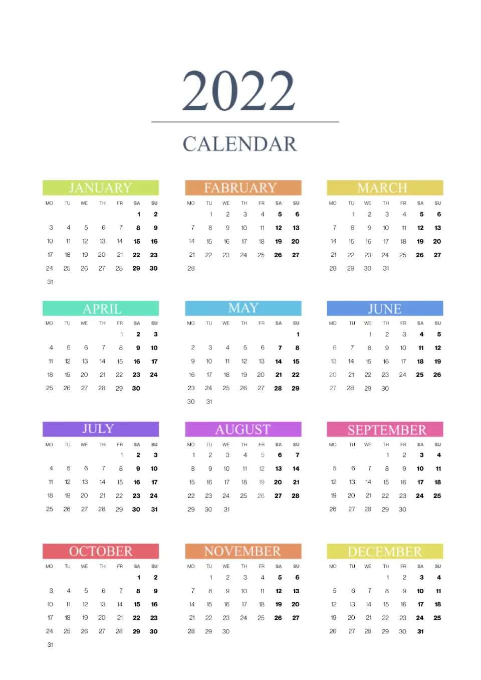 2022 Calendar template for Google Docs