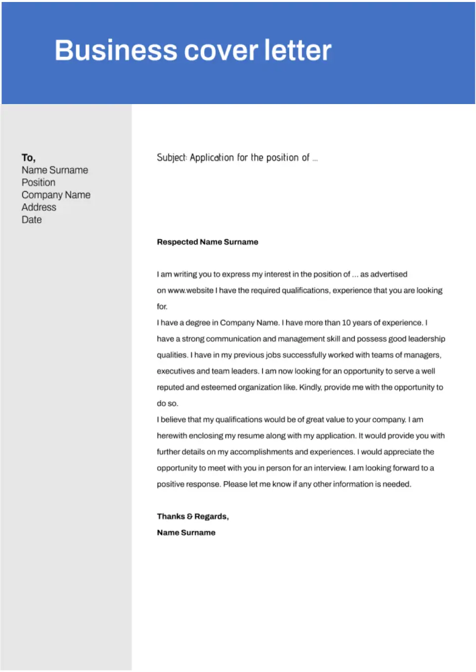 Business cover letter for Google Docs