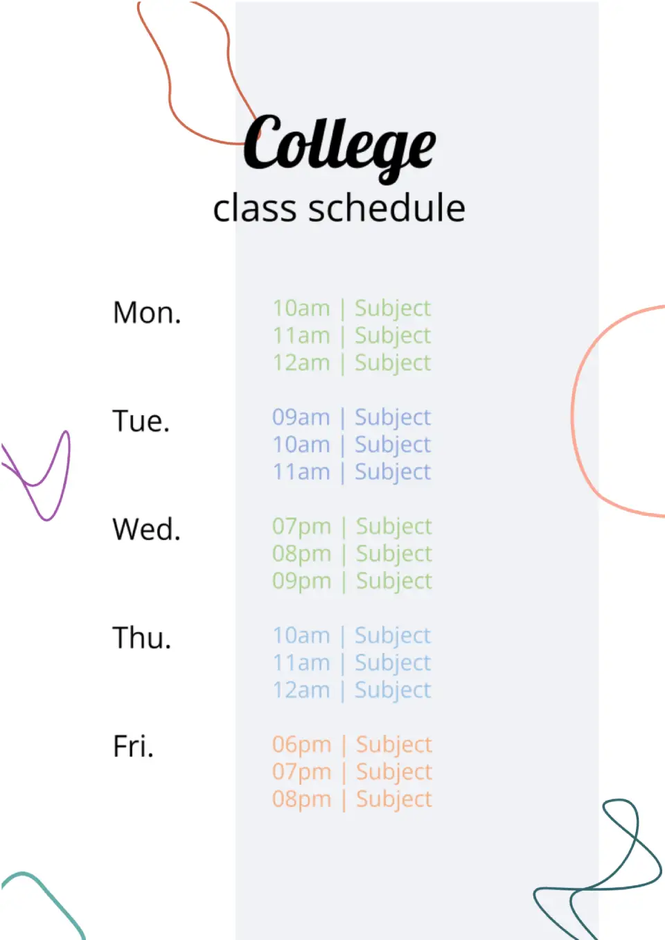 College Class Schedule Template for Google Docs