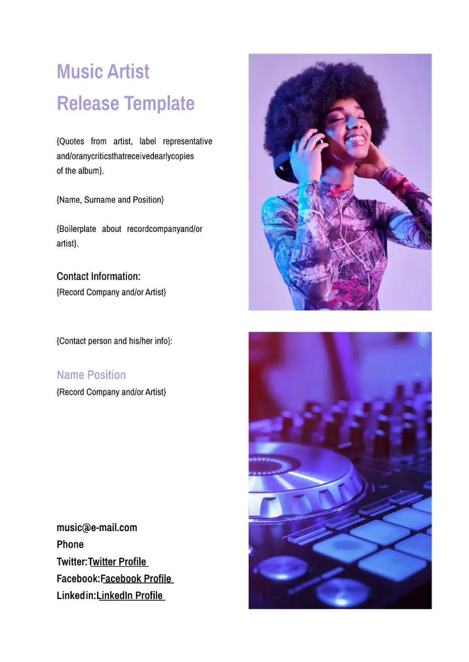Music Artist Press Release for Google Docs