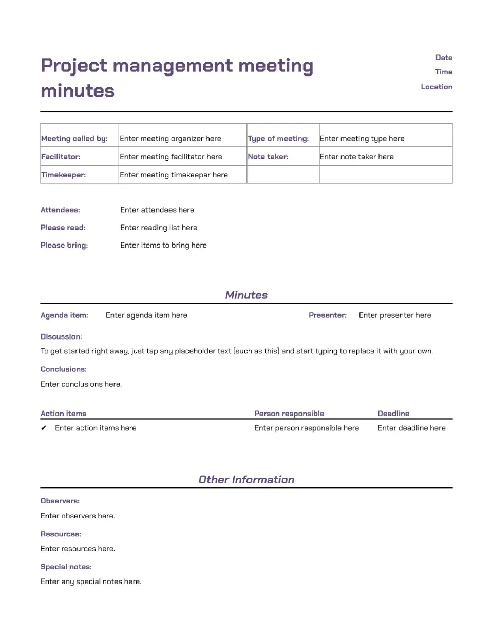 Project Management Meeting Minutes Template for Google Docs