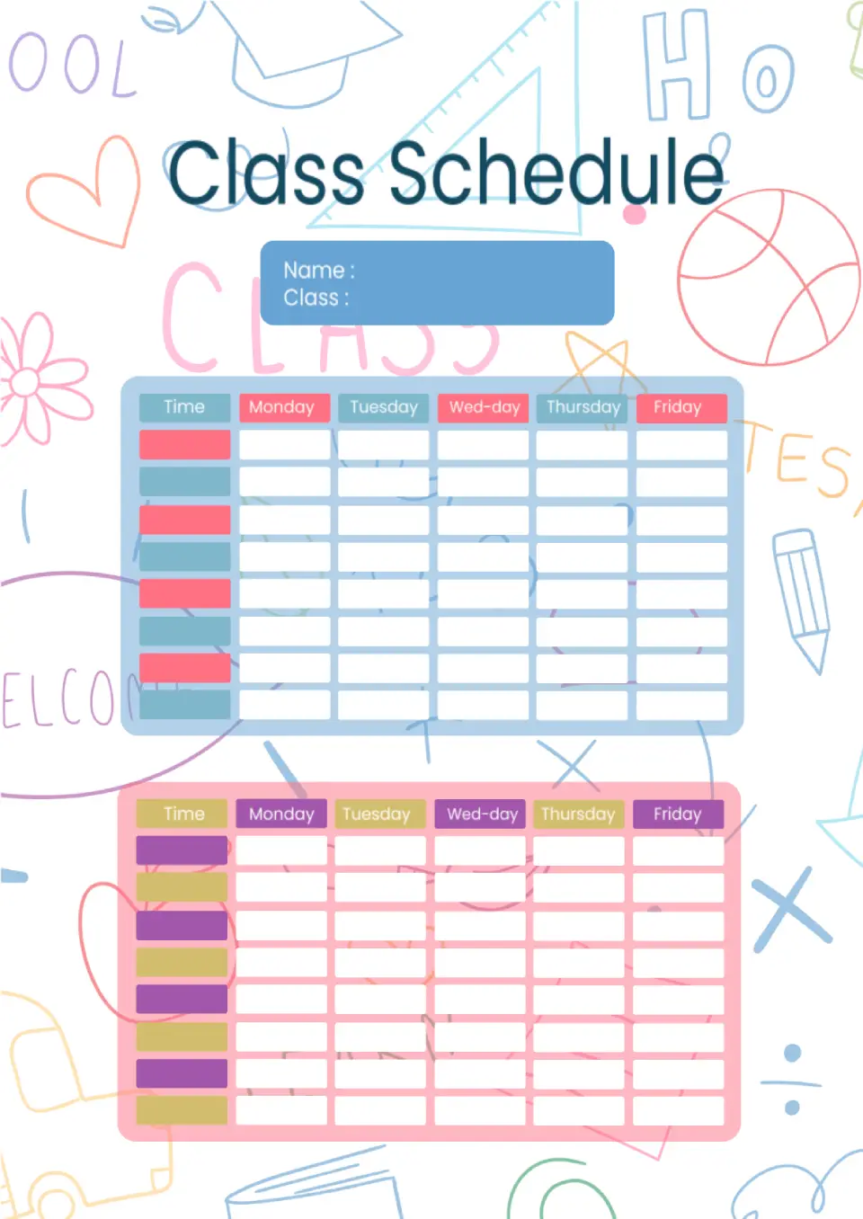 Weekly Class Schedule for Google Docs