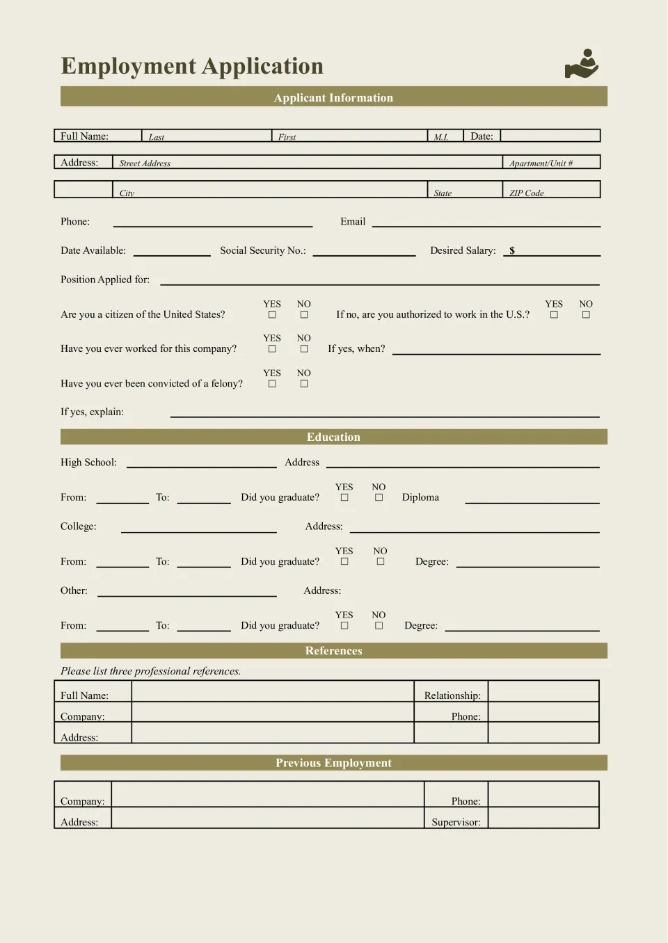 free employment application template