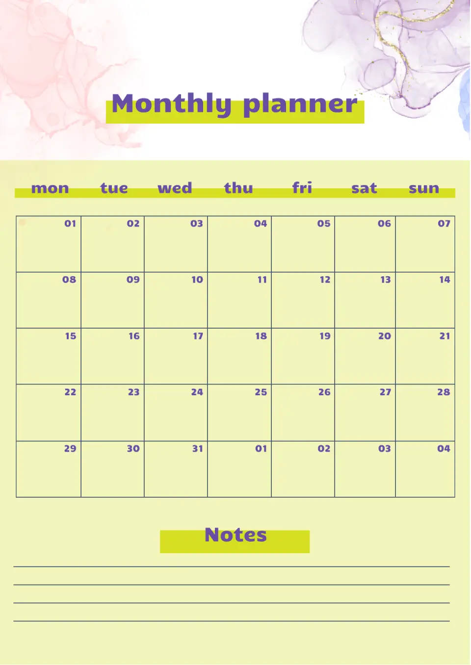 Free Monthly Planner Template For Google Docs