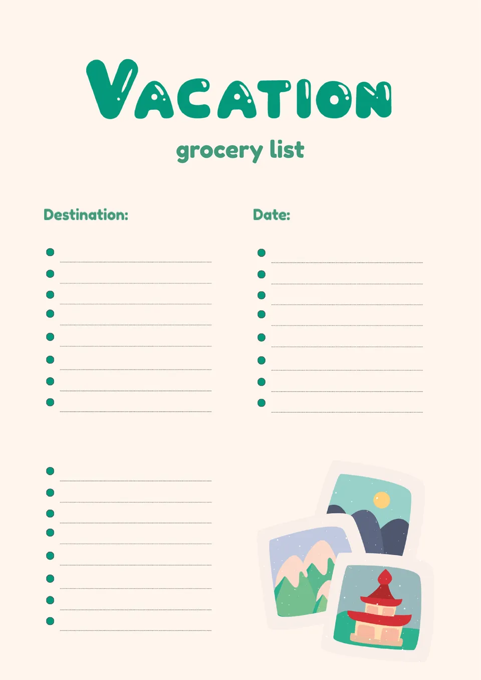 Vacation Grocery List Template