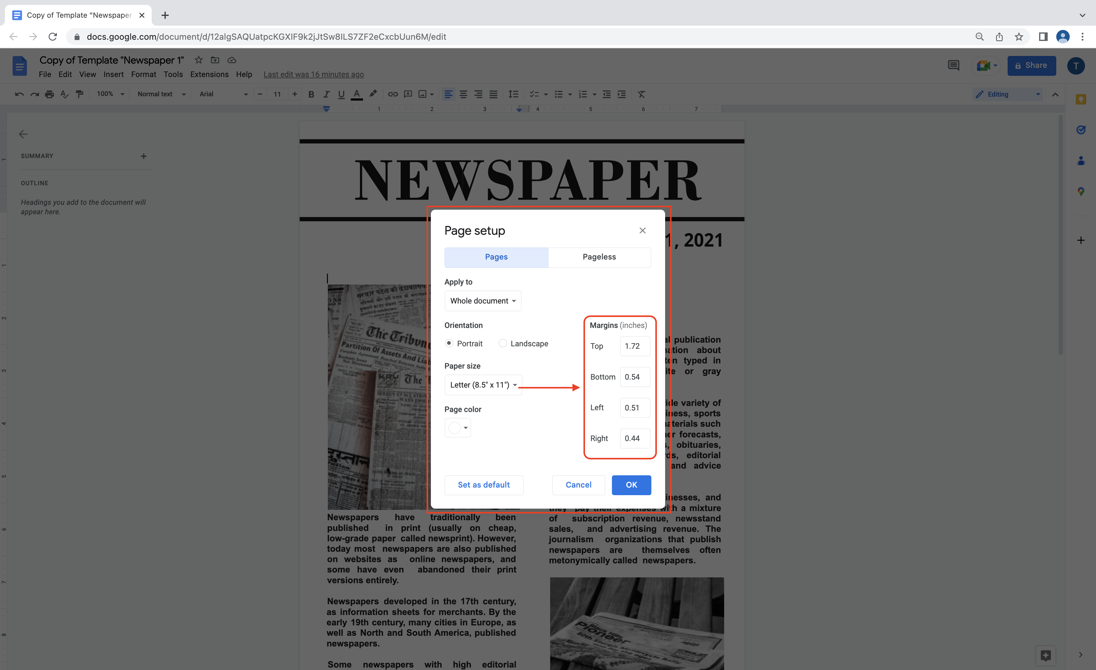 Use the arrows to increase or decrease the margin size