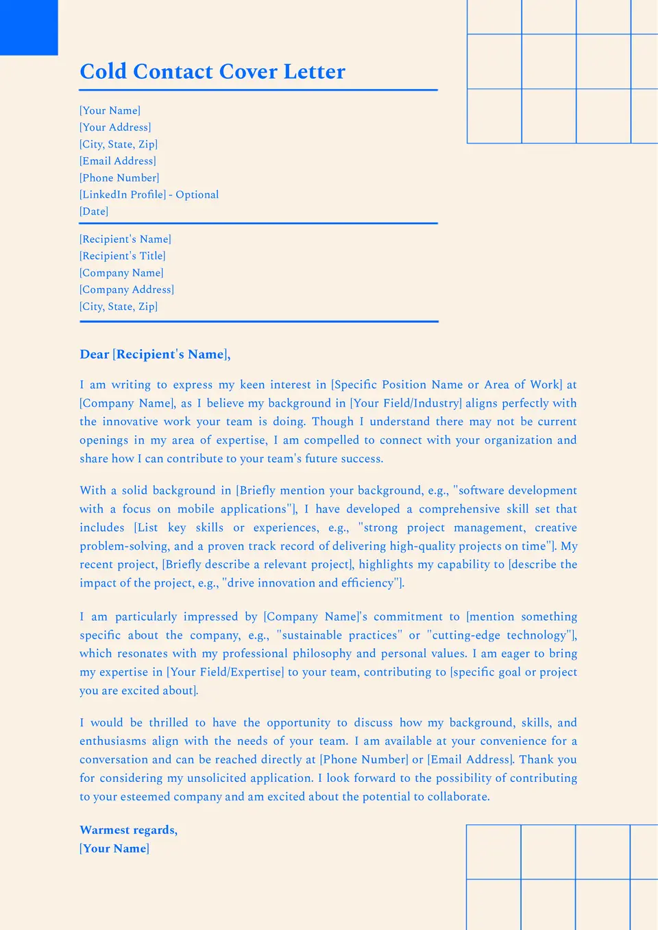 Cold Contact Cover Letter Template