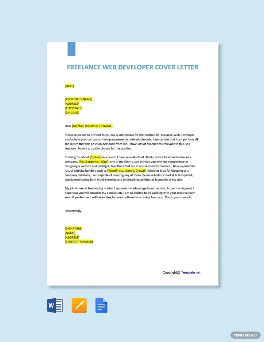 Freelance Web Developer Cover Letter Template For Google Docs