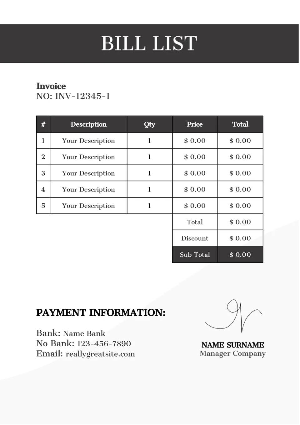 Bill List Template