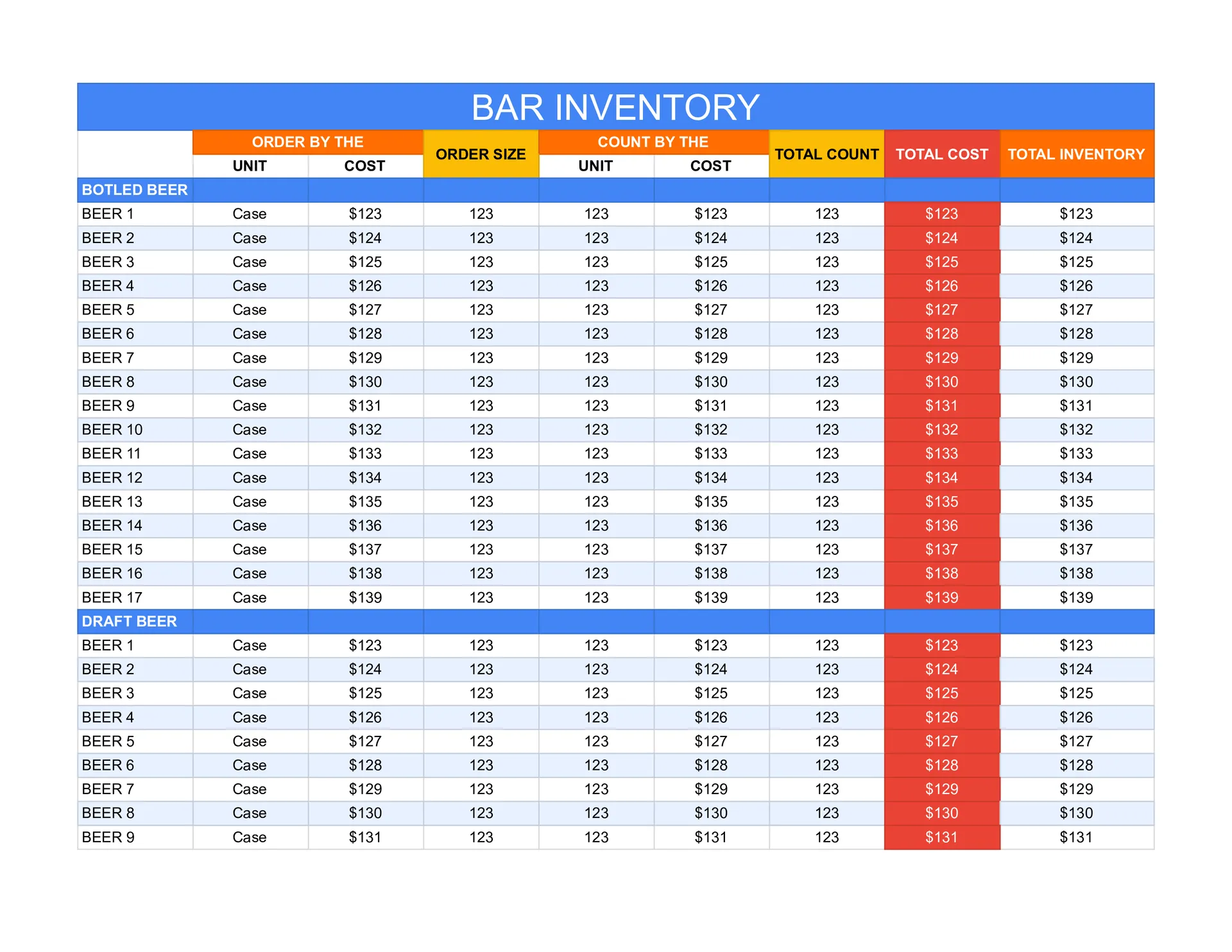 Bar Inventory Template