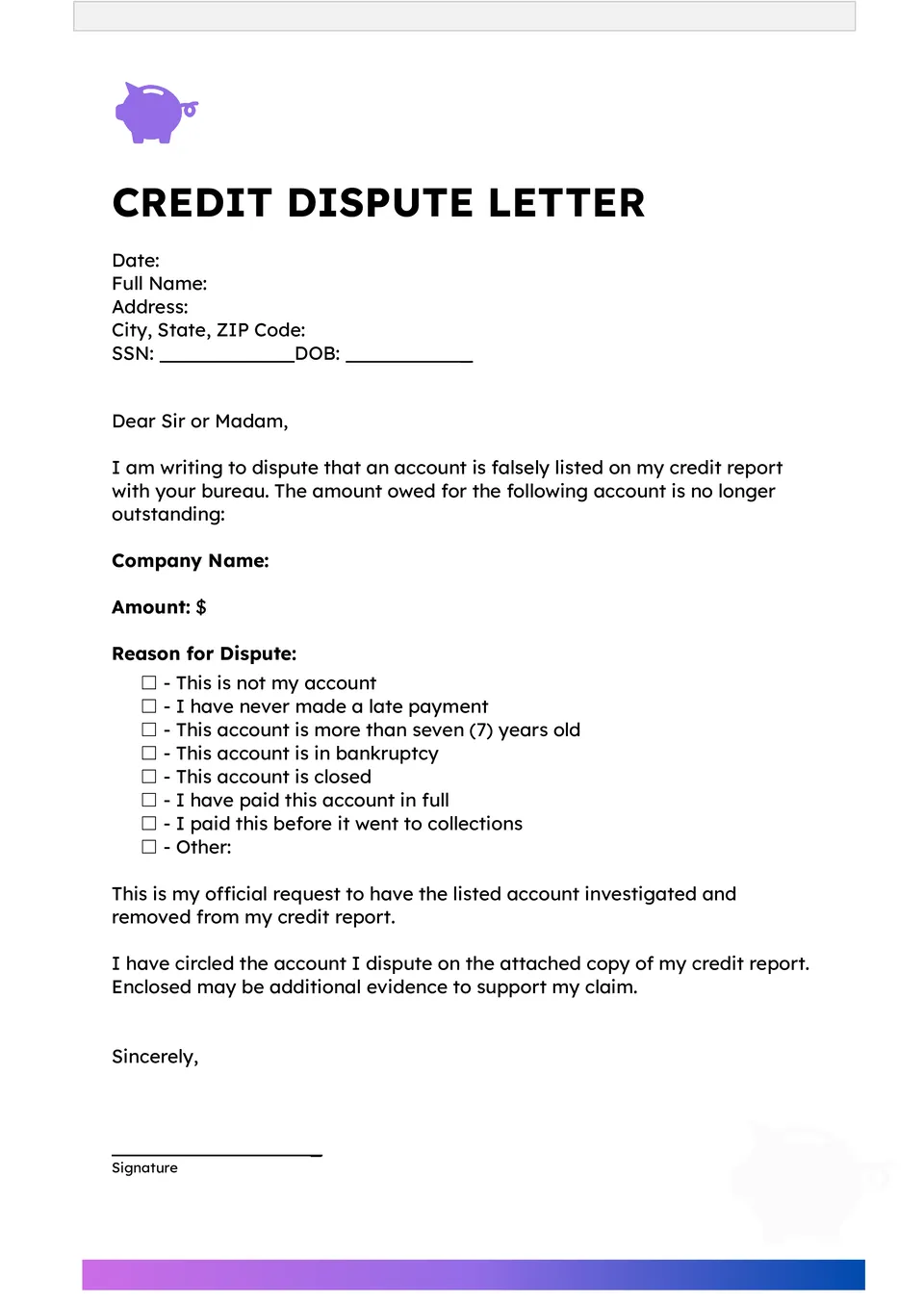 Credit Dispute Letter Template