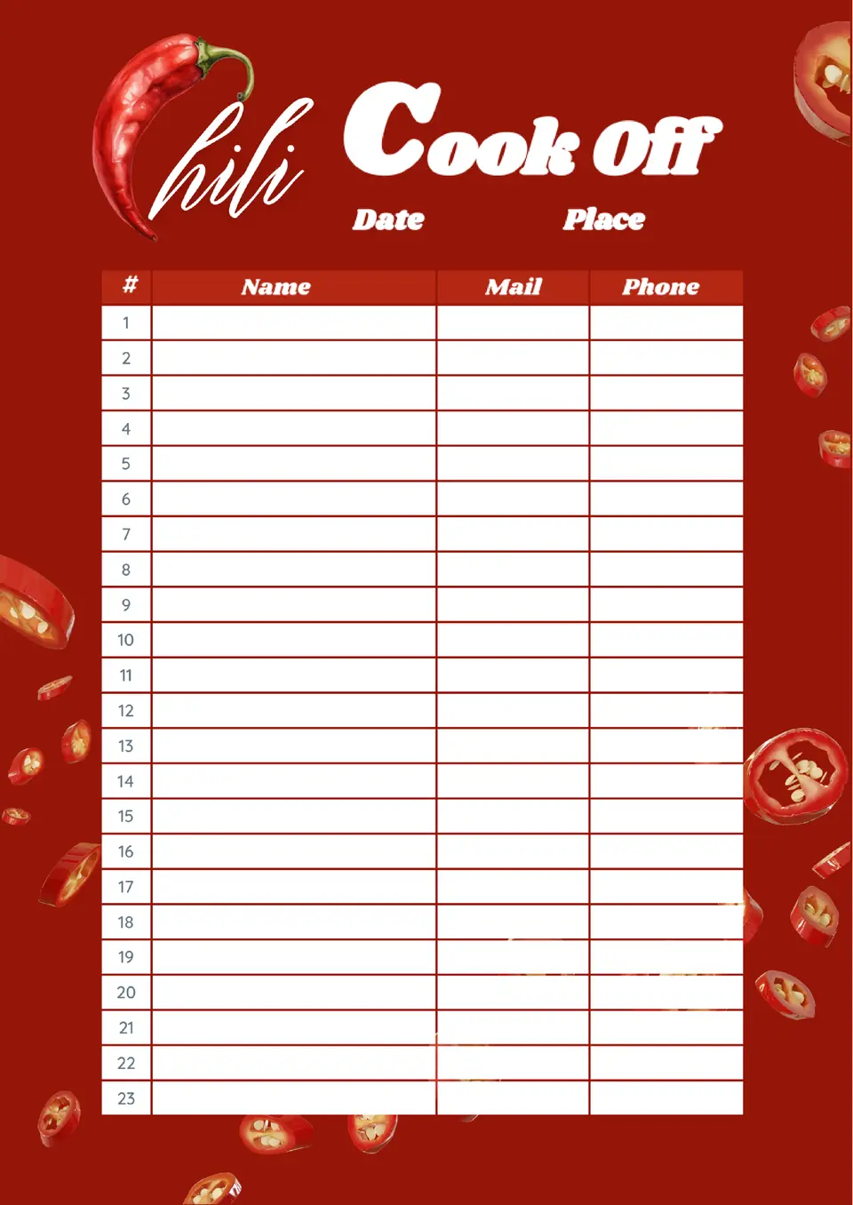 Chili Cook Off Sign Up Sheet Template