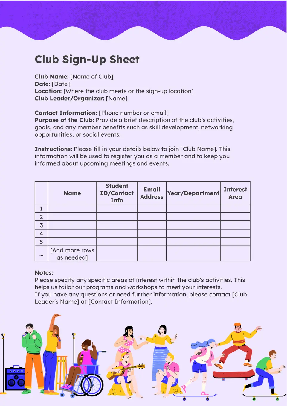 Club Sign Up Sheet Template