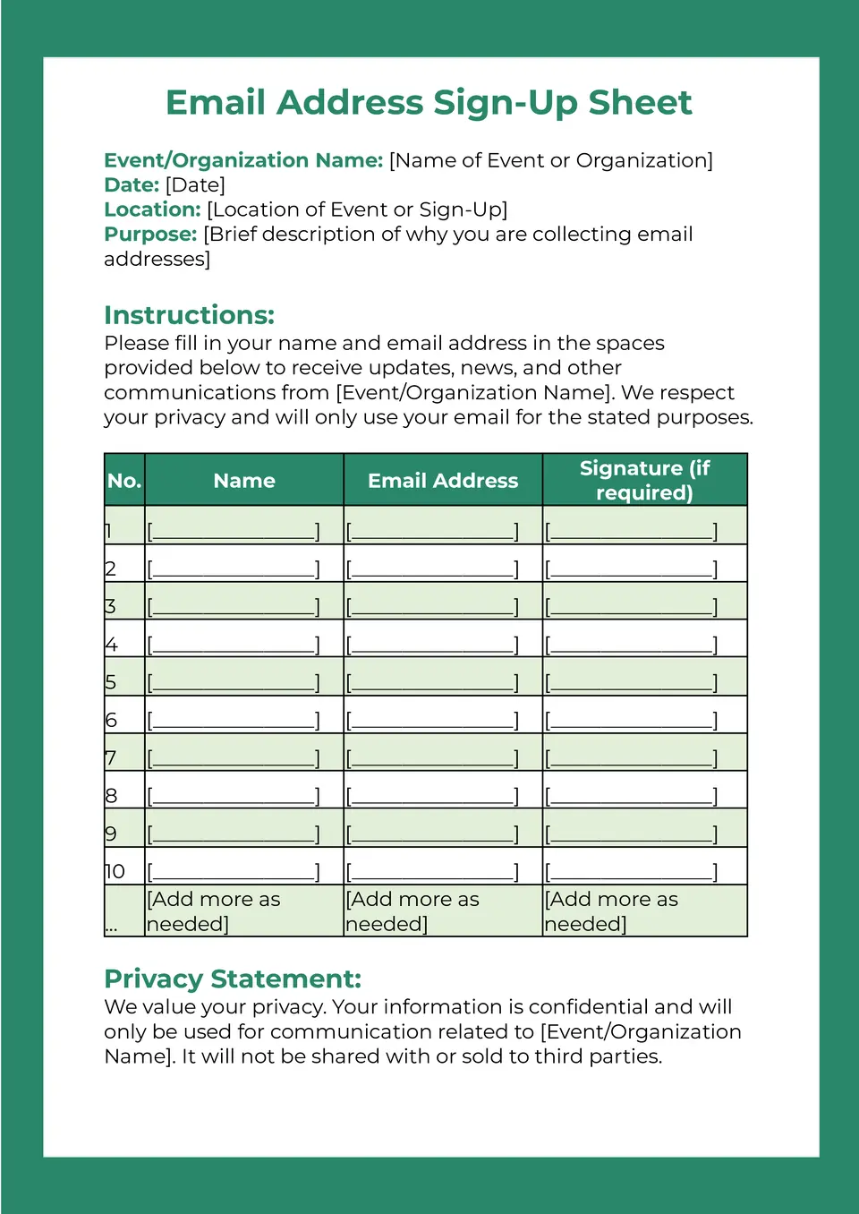 Email Address Sign Up Sheet Template