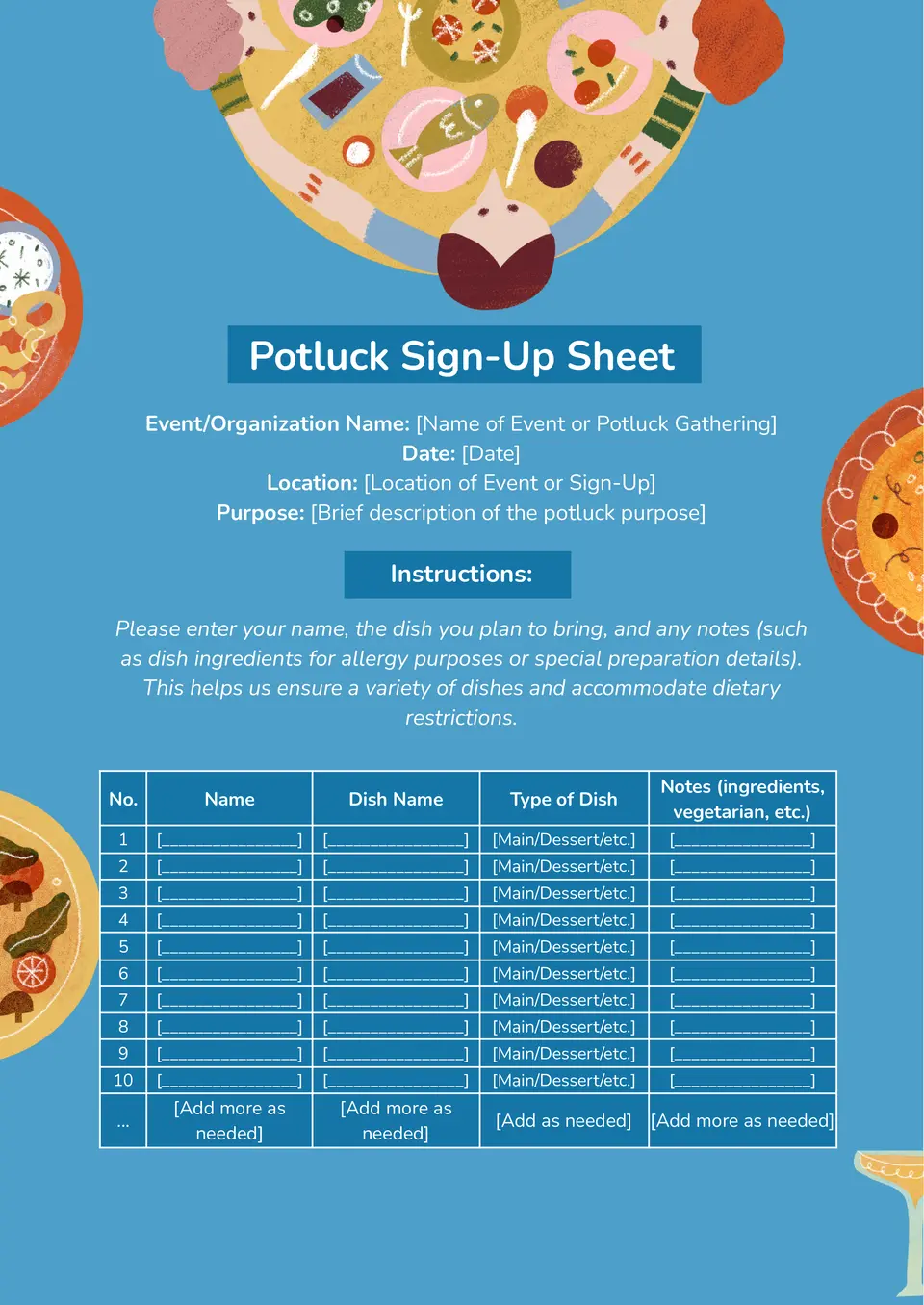 Potluck Sign Up Sheet Template
