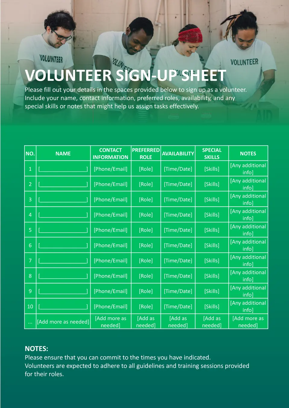 Volunteer Sign Up Sheet Template