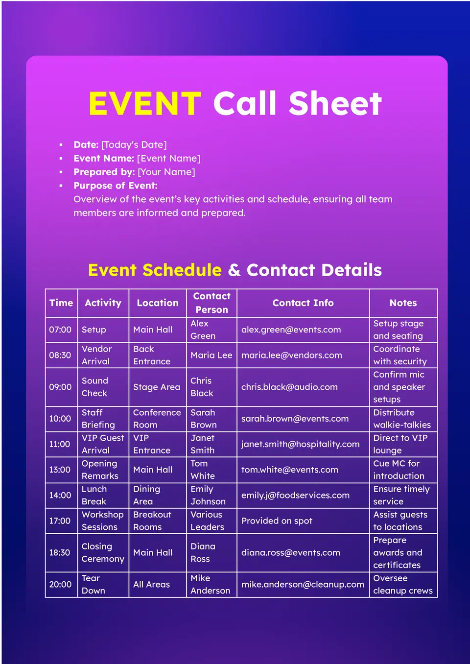 Event Call Sheet Template