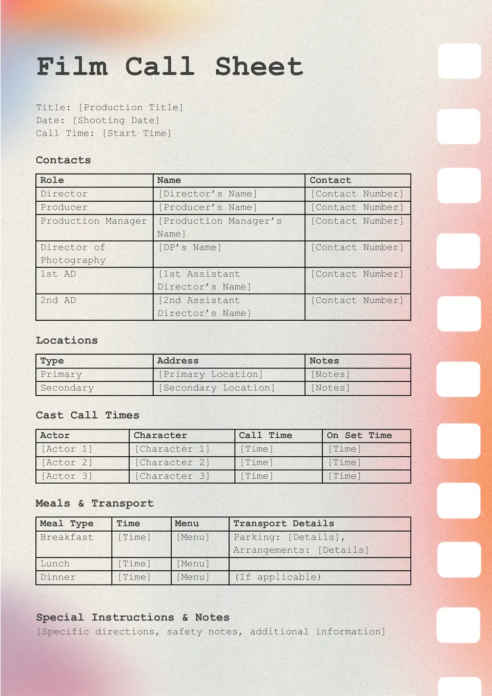 Film Call Sheet Template