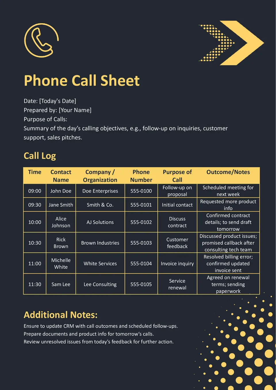 Phone Call Sheet Template
