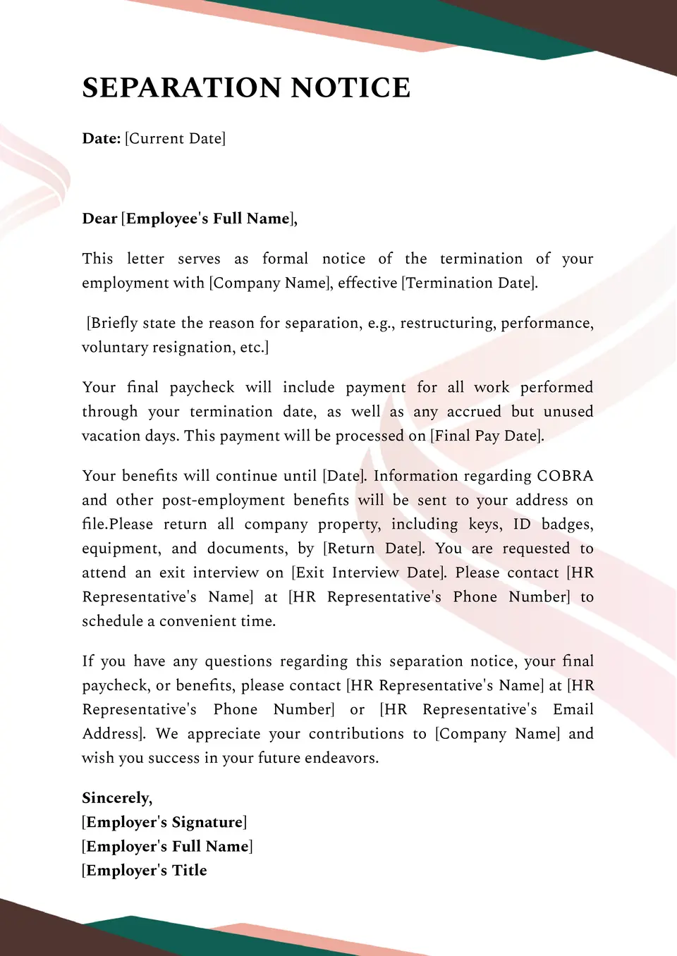 Printable Separation Notice Template Printable Separation Notice Template