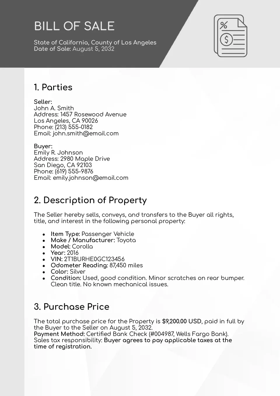 Bill Of Sale Template