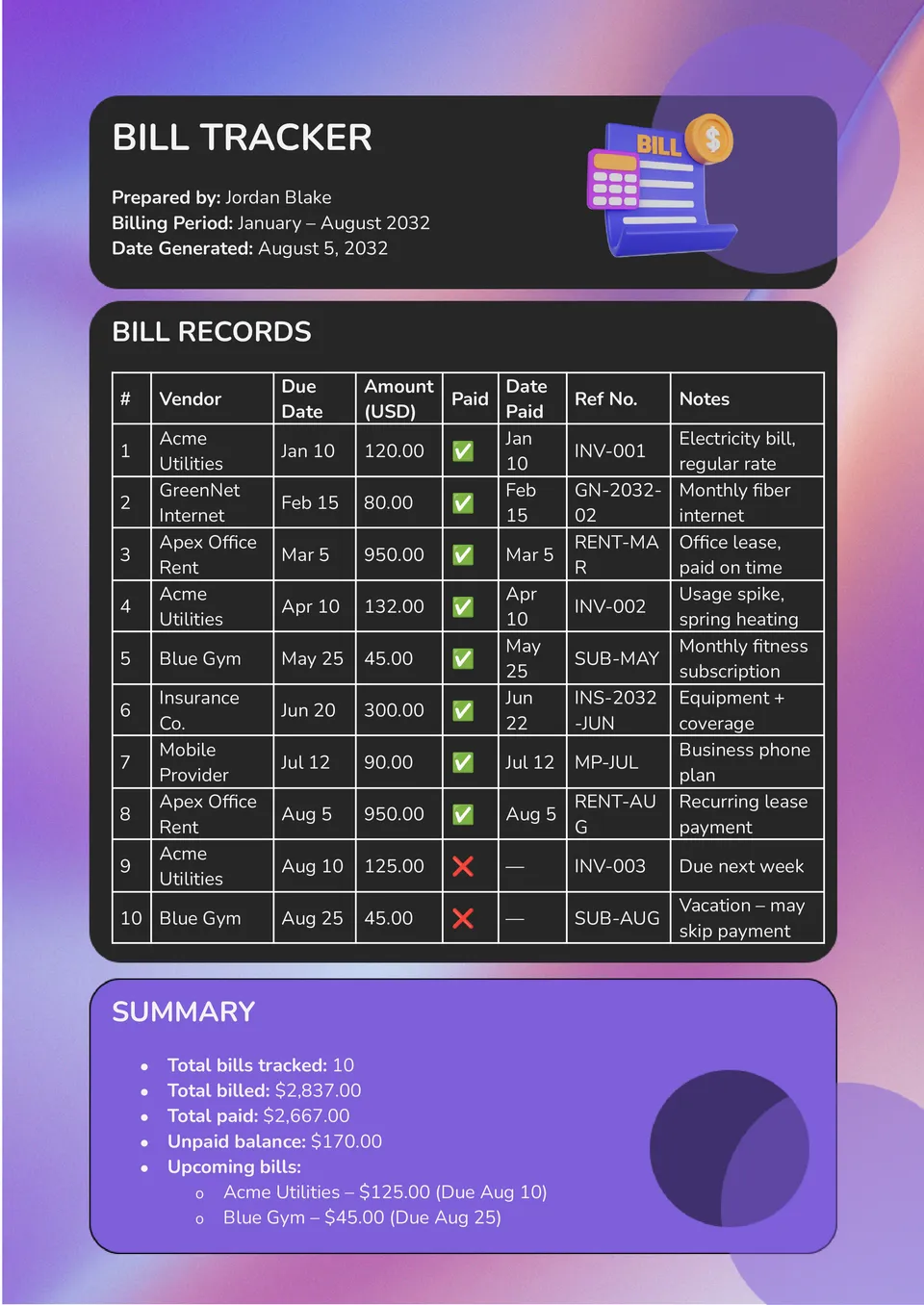 Bill Tracker Template