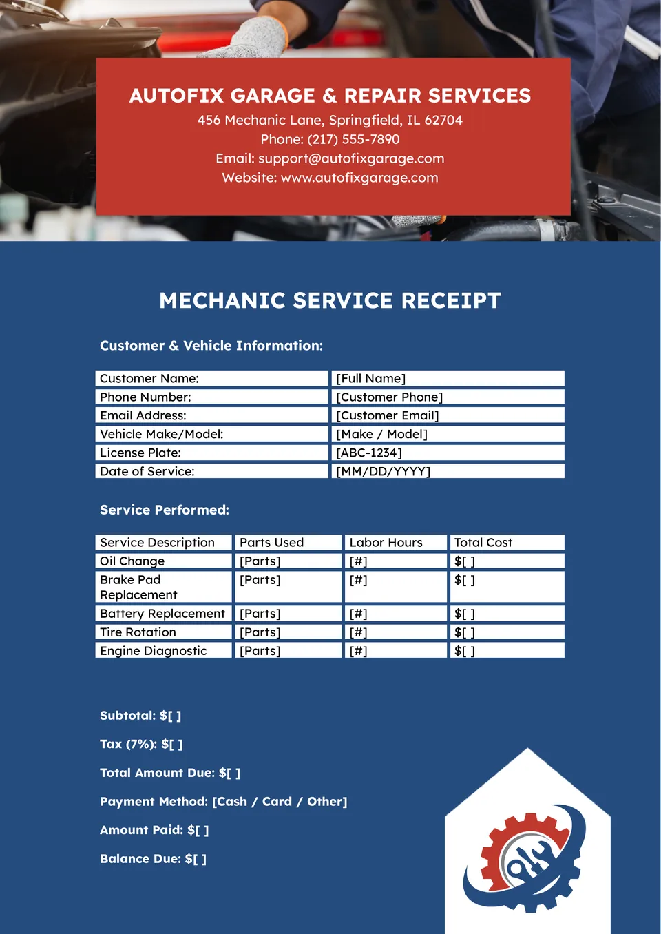 Mechanic Receipt Template
