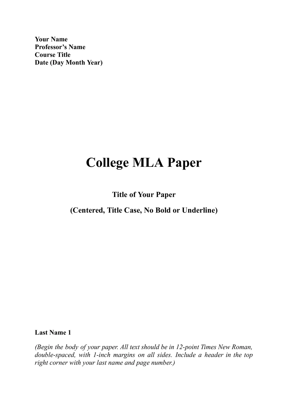 College MLA Paper Template